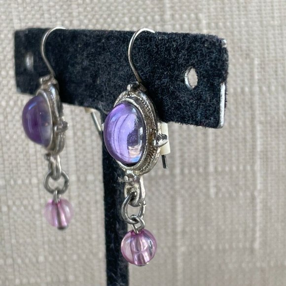 Vintage Earring Silver Tone Purple Faux Stone Drop Down Earring Jewelry - Picture 8 of 9